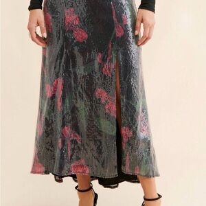 Hutch Black Sequin Midi Skirt with Pink Floral Print